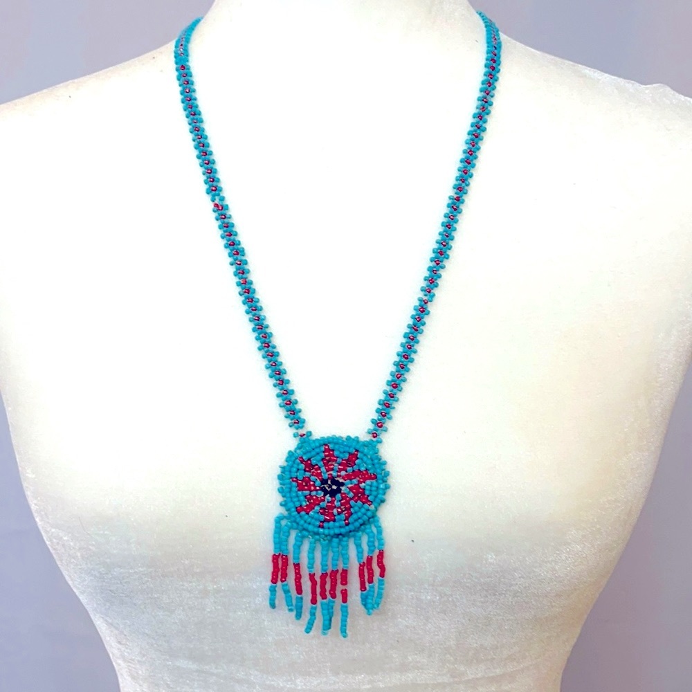 Vintage Beaded Turquoise Dreamcatcher Necklace